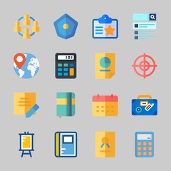 Icons about Business with shield, location, calendar, worldwide, suitcase and search