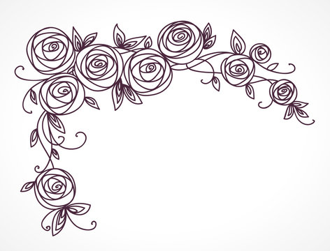 Stylized rose flowers bouquet. Branch of flowers and leaves interlacing. Corner horizontal decorative composition
