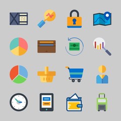 Icons about Commerce with shopping chart, map, suitcase, shopping basket, wallet and tablet