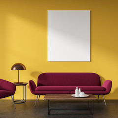 Yellow living room, red sofa, poster