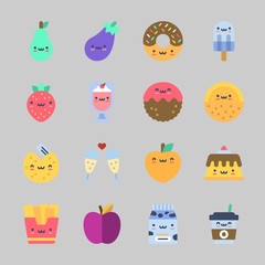 Icons about Food with melon, meatball, fries, pudding, coffee cup and strawberry
