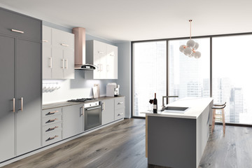 Gray kitchen interior white and gray counters side