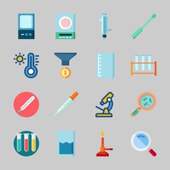 Icons about Laboratory with ladle, lab, beaker, test tubes, funnel and thermometer