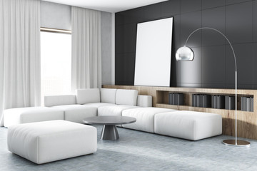 Black wall living room corner, white sofa, poster