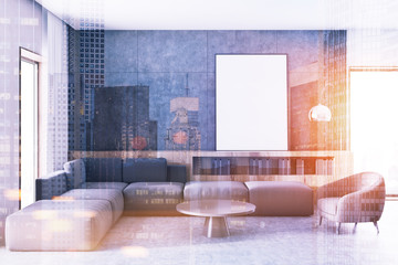 Concrete wall living room, gray sofa, poster toned