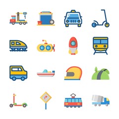 icon Transportation with road sing, scooter, helmet, train and taxi