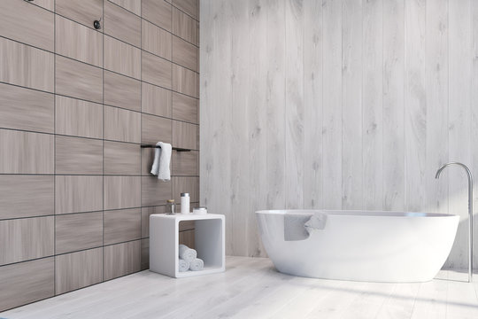 White and wooden tiles brown bathroom
