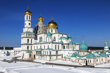 Fototapeta na wymiar Panorama of the Voskresensky New Jerusalem stauropegial monastery in town Istra, Moscow region. Russia
