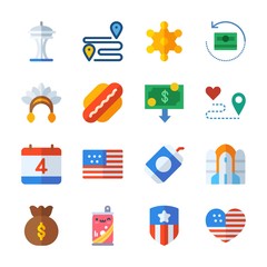 icon United States with space needle, money bag, hot dog, route and soda