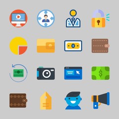 Icons about Commerce with megaphone, photo camera, pie chart, target, video player and money