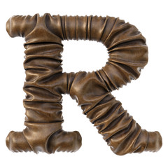 Alphabet made from brown leather with realistic folds. Isolated on white. 3D illustration.