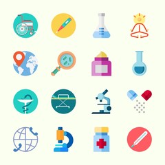 Icons about Medical with thermometer, medicine, flask, wheelchair, microscope and yoga