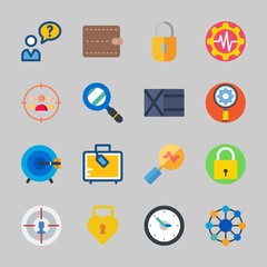 Icons about Commerce with settings, time, networking, padlock, target and user