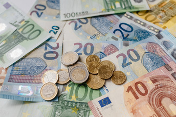 Different Euro banknotes from 5 to 500 Euro