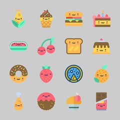 Icons about Food with toast, meatball, cupcake, pizza, pudding and chocolate