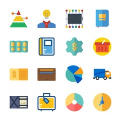 icon Business with folder, pie chart, delivery truck, notebook and idea