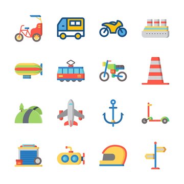 icon Transportation with zeppelin, submarine, road, cruise ship and car