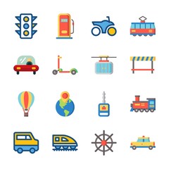 icon Transportation with car, locomotive, rudder, hot air balloon and motorbike