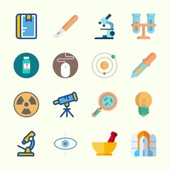 Icons about Science with light bulb, flasks, loupe, scalpel, microscope and pipiette