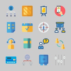 Icons about Business with presentation, network, list, safebox, networking and telemarketer