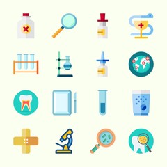 Icons about Medical with nasal spray, flask, tablets, pill, medicine and worldwide