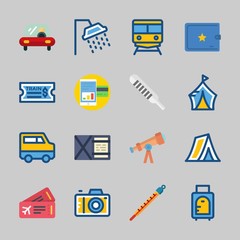 Icons about Travel with wallet, smartphone, suit case, car, telescope and shower