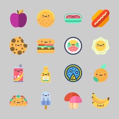 Icons about Food with mushroom, orange, hot dog, mustard, cookie and watermelon