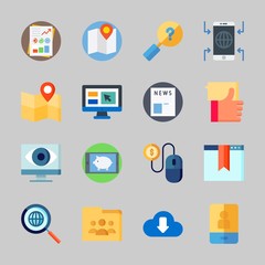 Icons about Seo with search, social media, download, shared folder, map and stats