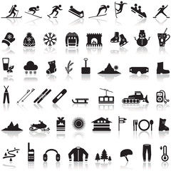 Ski, snow, winter sports and leisure activity icon set