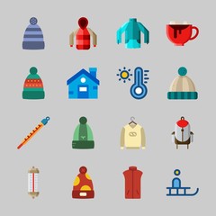 Icons about Winter with backpack, vest, sleigh, sweater, jacket and parka