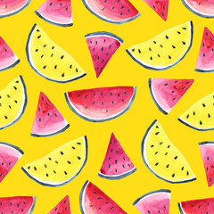 Seamless Tropical pattern of watermelon. Hand drawn watercolor background