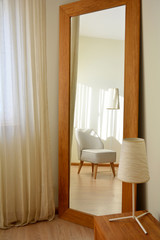 modern design natural oak wood furniture in contemporary interior room