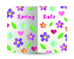 spring sale text vector design card paper cut out book with springtime colorful flowers, green leaves and red heart