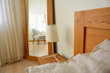 modern bedroom interior design with natural oak wood furniture
