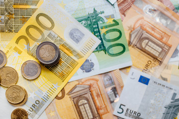 Different Euro banknotes from 5 to 500 Euro