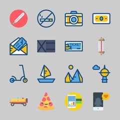 Icons about Travel with wallet, smartphone, sailboat, pizza, car and pyramids