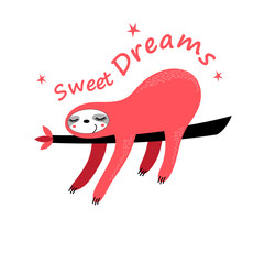 Vector funny cartoon sloth sleeping on a tree. © tanor27