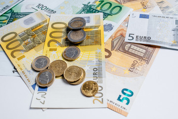 Different Euro banknotes from 5 to 500 Euro