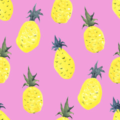 Seamless tropical pattern with pineapples. Hand drawn, hand painted watercolor illustration.