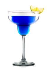 Blue curacao cocktail or mocktail in margarita glass with slice of lime isolated on white background. Clipping path