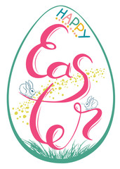 .Drawing of a traditional egg and Bunny with a congratulation Happy Easter. Greeting colorful card.  Vector design.
