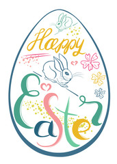 .Drawing of a traditional egg and Bunny with a congratulation Happy Easter. Greeting colorful card.  Vector design.