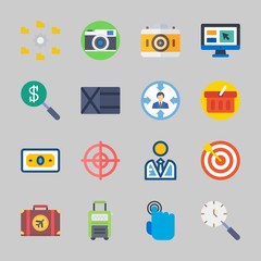 Icons about Commerce with search, photo camera, user, online shop, shopping basket and settings