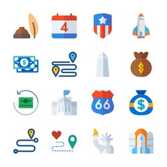 icon United States with route, rocket ship, washington monument, quill and white house