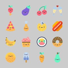 Icons about Food with pizza, cherry, cupcake, sushi, toast and pear