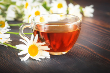Chamomile tea in a transparent cup. The concept of herbal medicine.