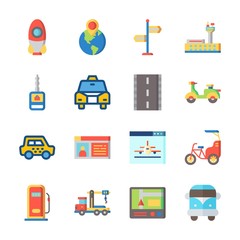 icon Transportation with bike, direction sing, van, road and driving license