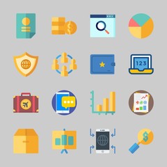 Icons about Business with agreement, box, laptop, wallet, bar chart and teamwork