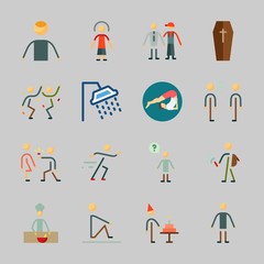 Icons about Human with birthday boy, coffin, shower, chief, male and cooker