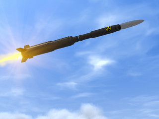 The newest Russian ballistic missile with a nuclear warhead is flying. Putin's presentation of the latest developments in Russian military equipment. 3D rendering